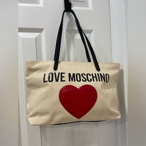 Love Moschino Cream Canvas Tote with Red Heart and Black Straps